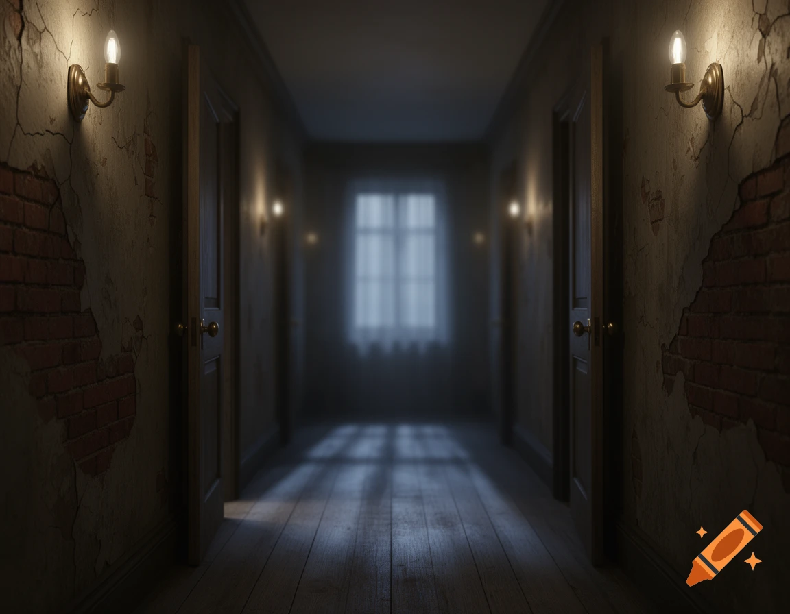 A dimly lit, atmospheric hallway with peeling walls, exposed brick, and wooden floors, leading to a blurry window.
