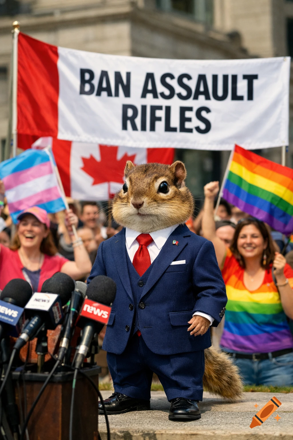 Photorealistic chipmunk in a suit speaking at a rally with microphones. A Canadian flag, a 'BAN ASSAULT RIFLES' banner, and pride flags are visible in the background.