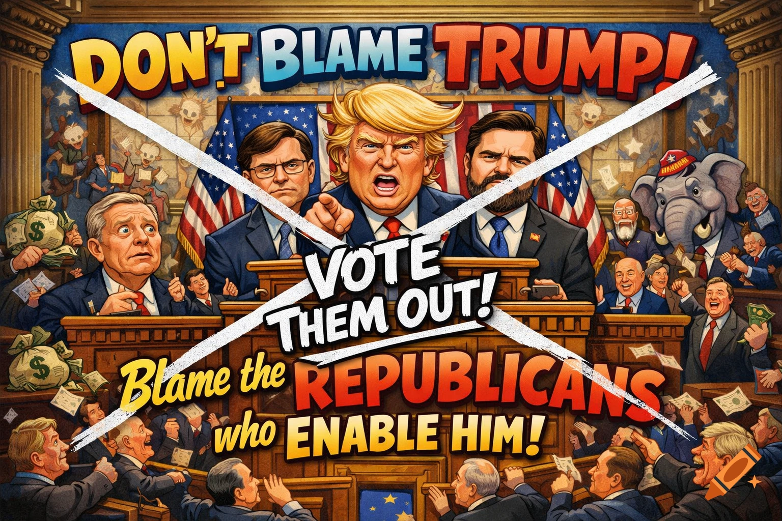 A vibrant political cartoon shows Donald Trump, Mike Johnson, and JD Vance in a chaotic Congress. Text: 'DON'T BLAME TRUMP! VOTE THEM OUT! Blame the REPUBLICANS who ENABLE HIM!'