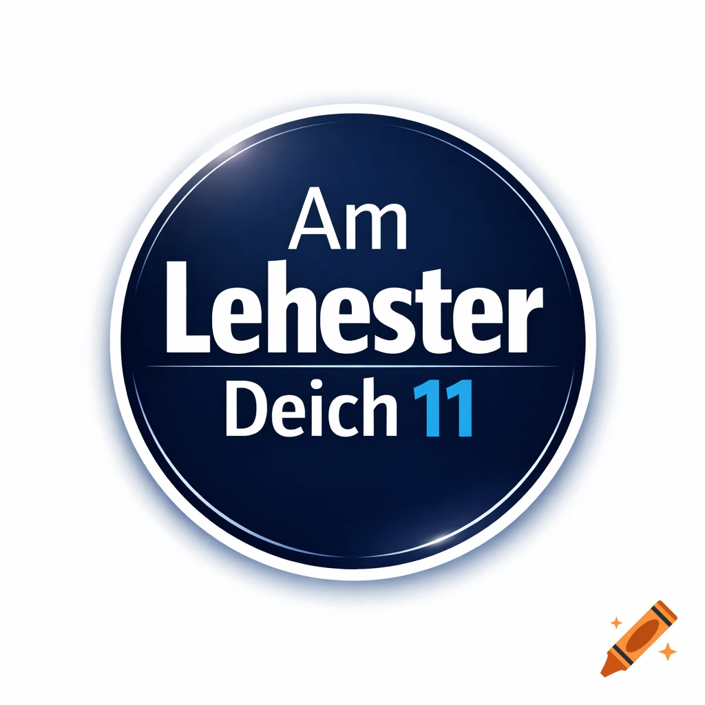 A dark blue circular logo or badge with a white border, featuring the text "Am Lehester Deich 11" in white font.