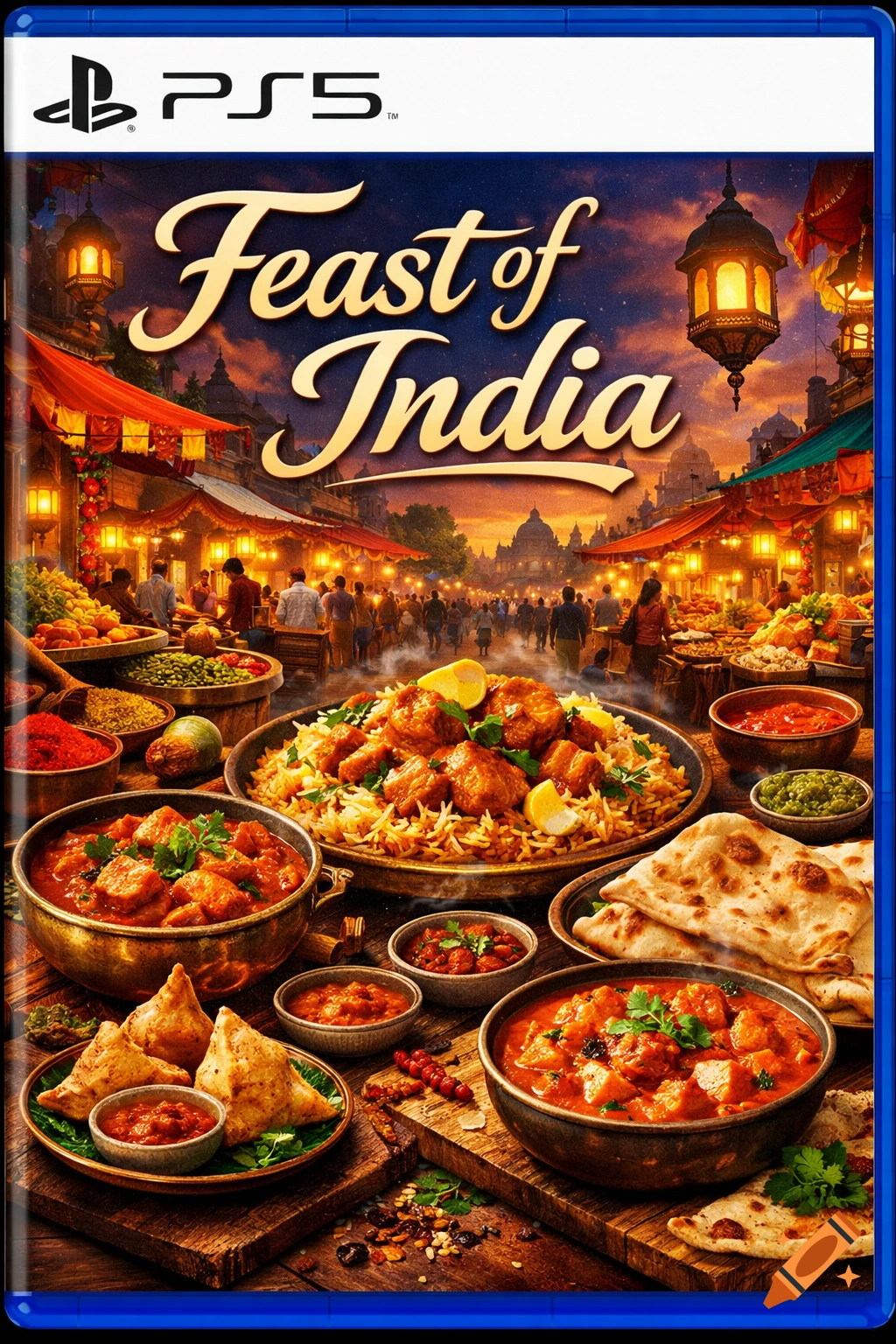 A vibrant PS5 game cover for 'Feast of India,' showing a bustling Indian market with various delicious dishes like curry, samosas, and naan.