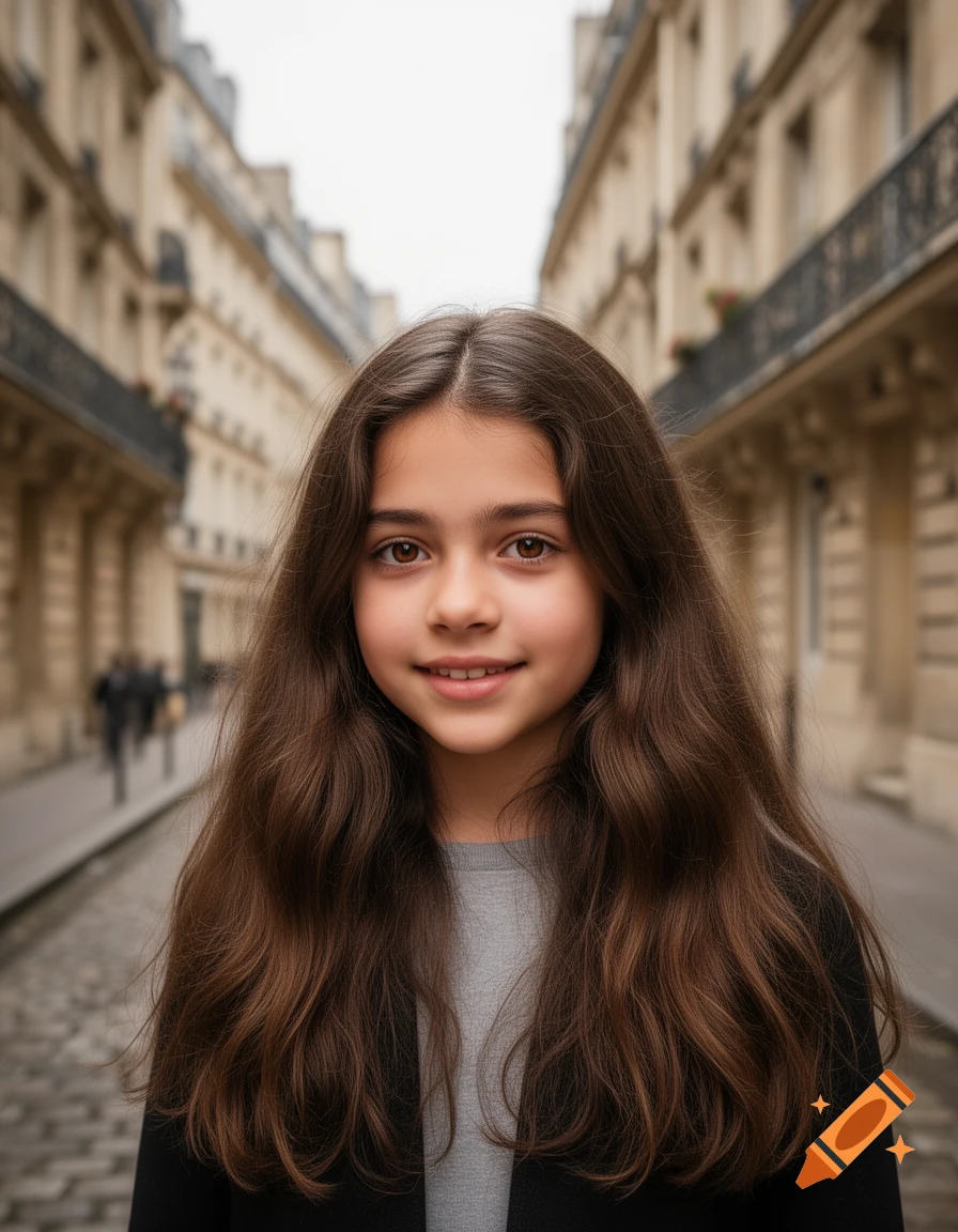 Photorealistic portrait of a young girl with long brown hair, smiling ...