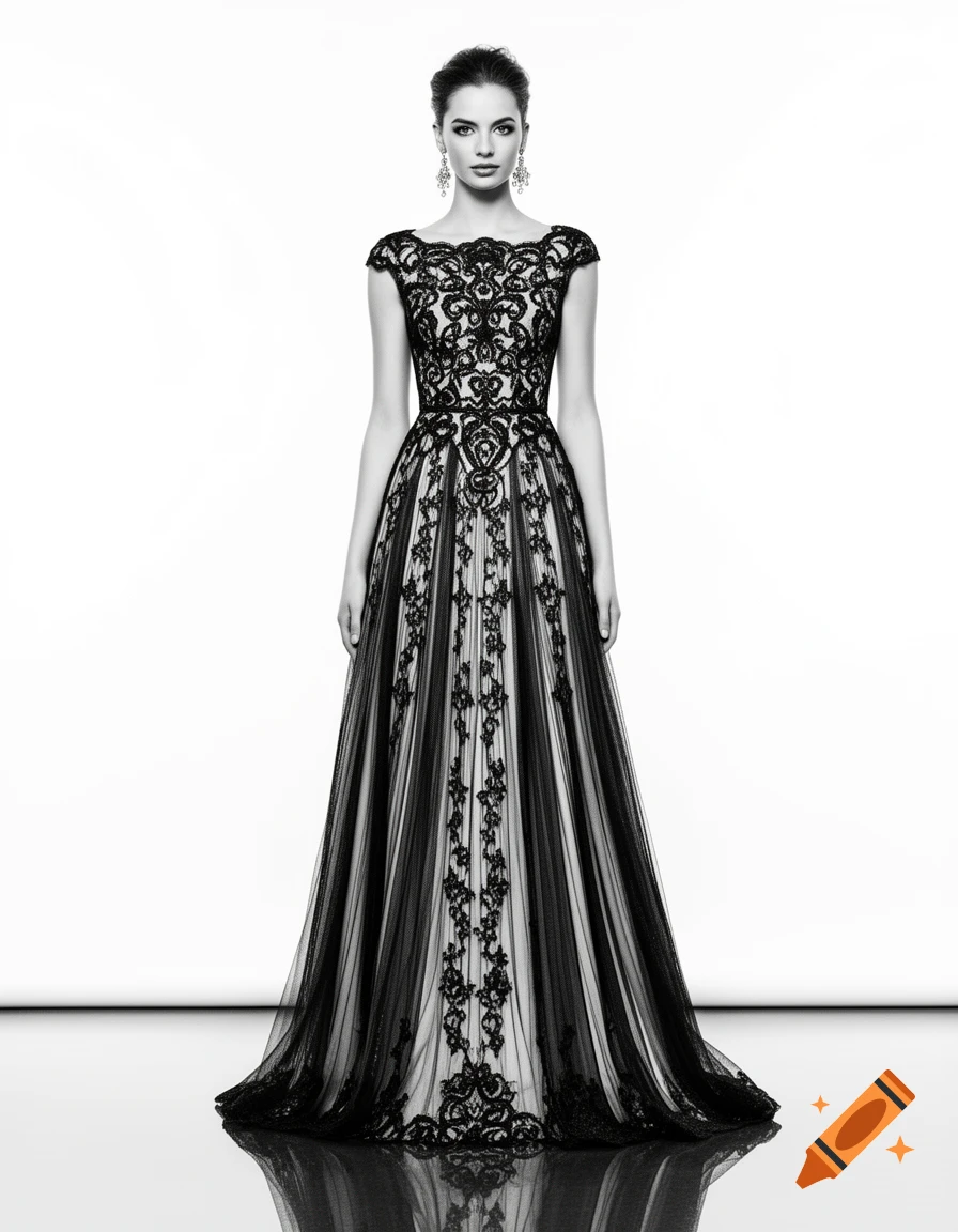 A woman in a beautiful black and white formal gown with intricate lace, standing on a reflective floor against a white background.