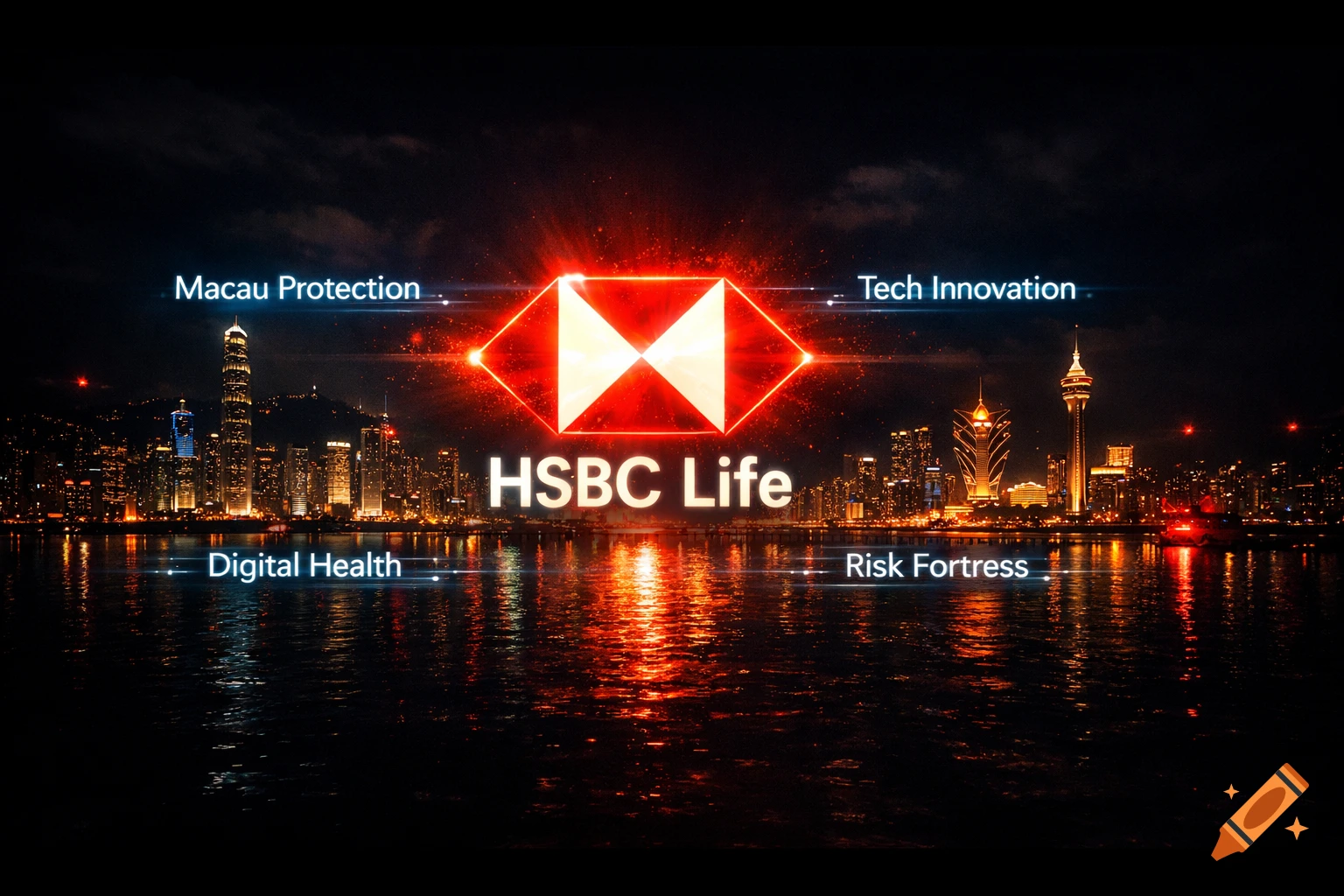 HSBC Life logo glows red above the illuminated Hong Kong and Macau city skylines at night, reflected in water, with holographic text.
