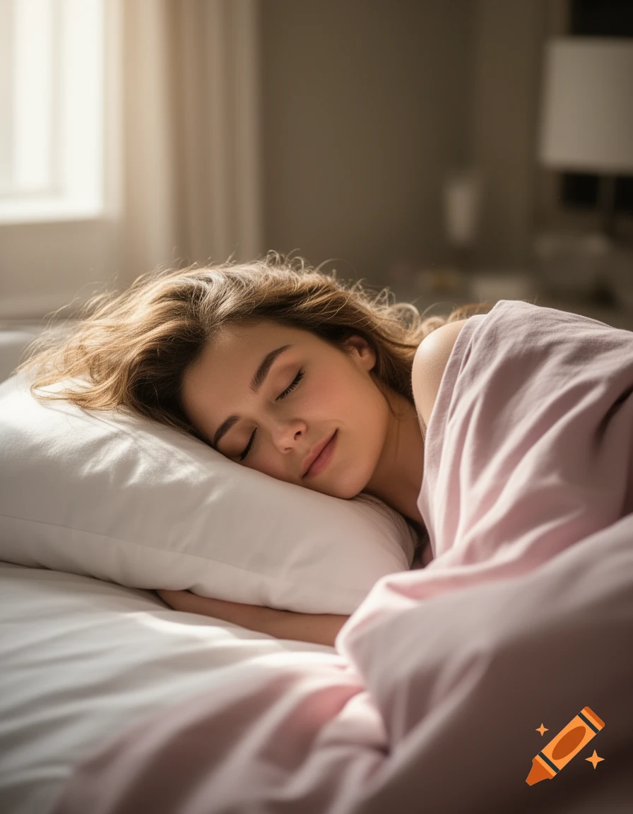 A photorealistic image of a woman sleeping peacefully in bed, bathed in soft morning light.
