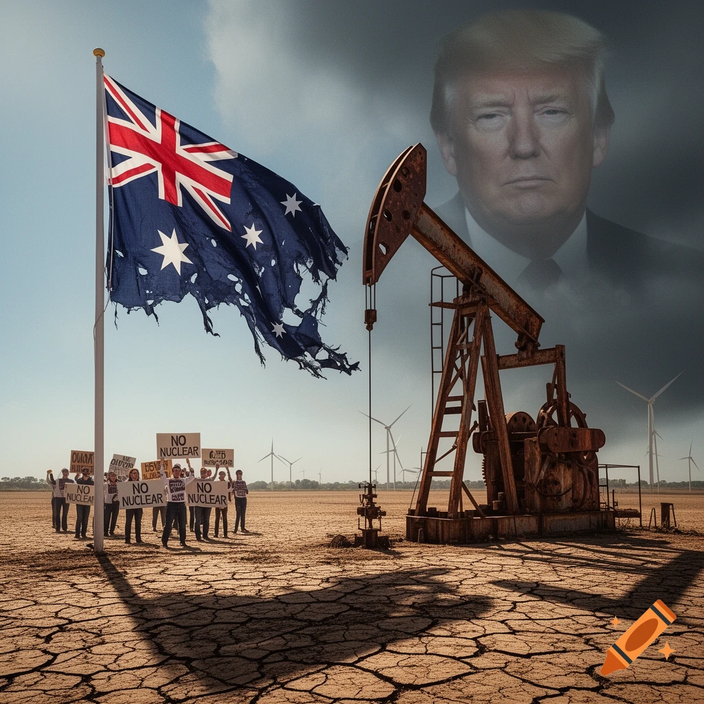 A tattered Australian flag flies over a cracked desert with an oil pump, wind turbines, and protestors holding "NO NUCLEAR" signs. A faded image of Donald Trump appears in the cloudy sky.