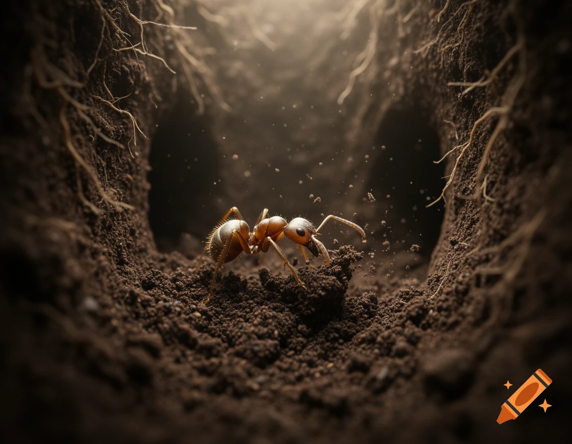 Macro shot of a small ant digging in dark soil with roots, illuminated by soft light filtering from above, photorealistic.