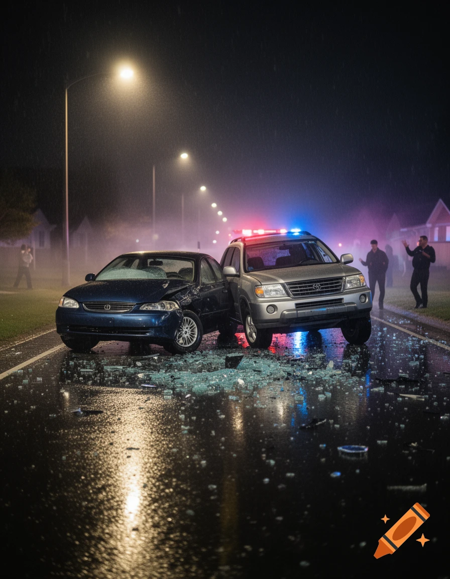 Photorealistic image of a car crash on a wet street at night with flashing police lights, broken glass, and people nearby.