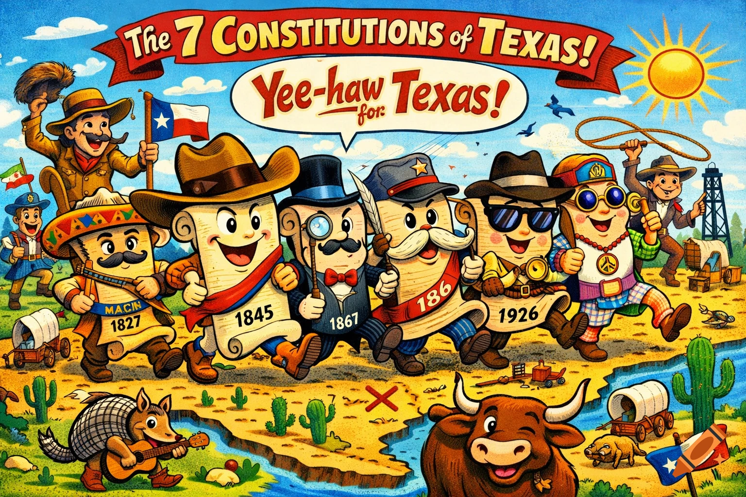 Cartoon illustration of seven scroll characters representing Texas constitutions, with various Texan cultural elements like a cowboy, armadillo, and longhorn.