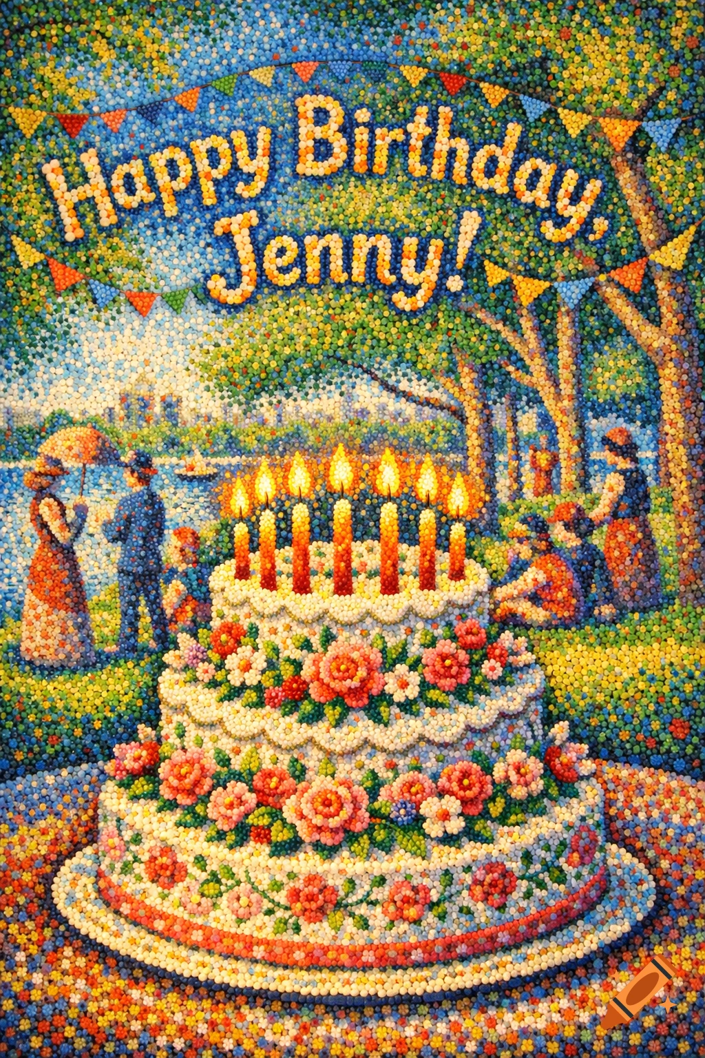 A vibrant pointillist painting showing a birthday cake with lit candles and "Happy Birthday, Jenny!" text, with people celebrating in a park.