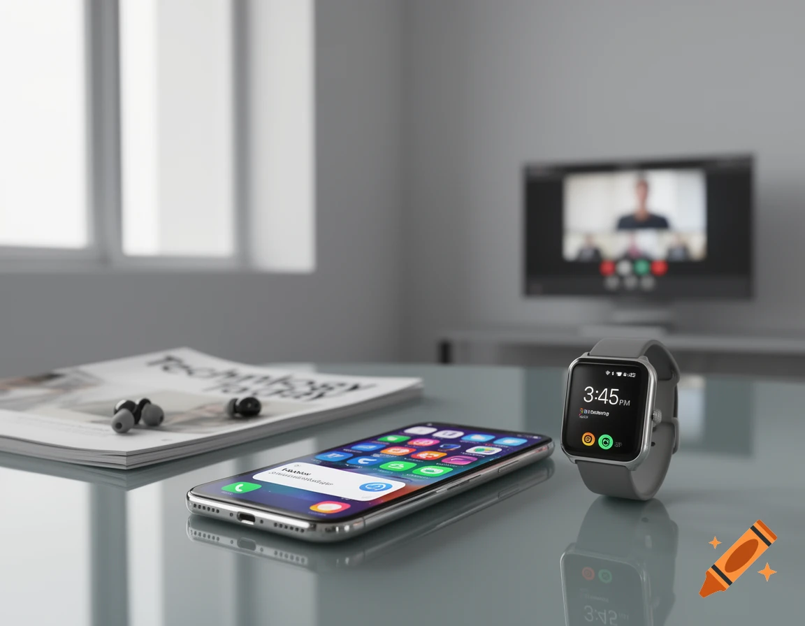 A photorealistic image of a smartphone, a smartwatch, and earphones on a reflective table, with a TV displaying a video call in the background.