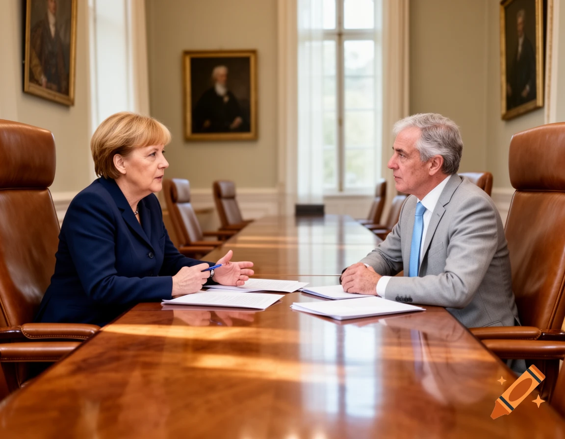 Angela Merkel speaks to a man with gray hair across a long, polished wooden conference table in a formal room.