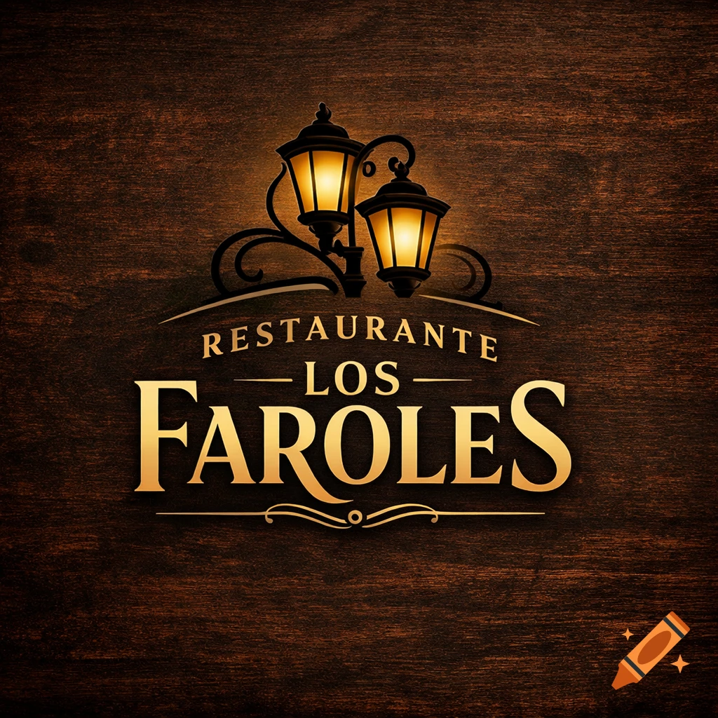 Elegant golden restaurant logo for 'RESTAURANTE LOS FAROLES' with two glowing black lanterns on a dark wood background.