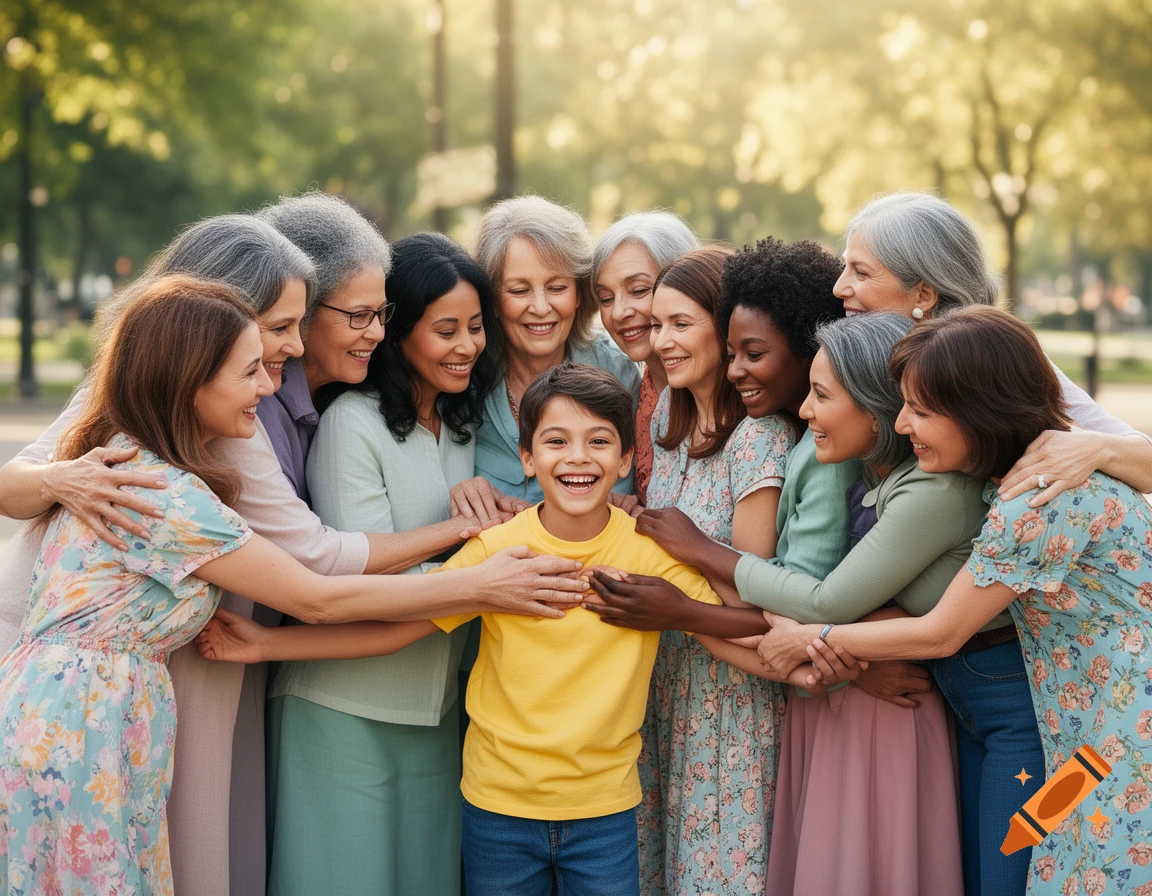 A diverse group of smiling women happily hugging a young boy in a sunny park, capturing a moment of joy and community.