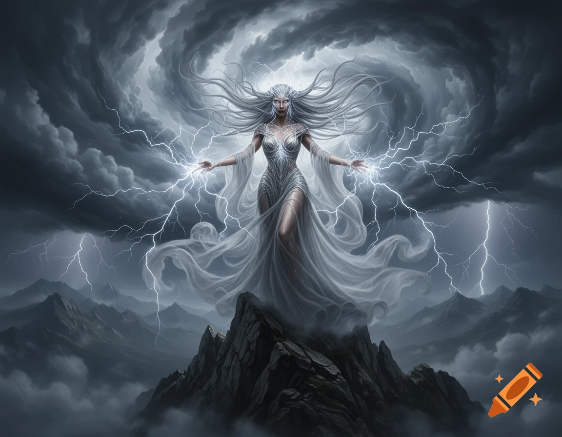 A powerful storm goddess with long white hair stands on a mountain peak, summoning lightning amidst swirling dark clouds.