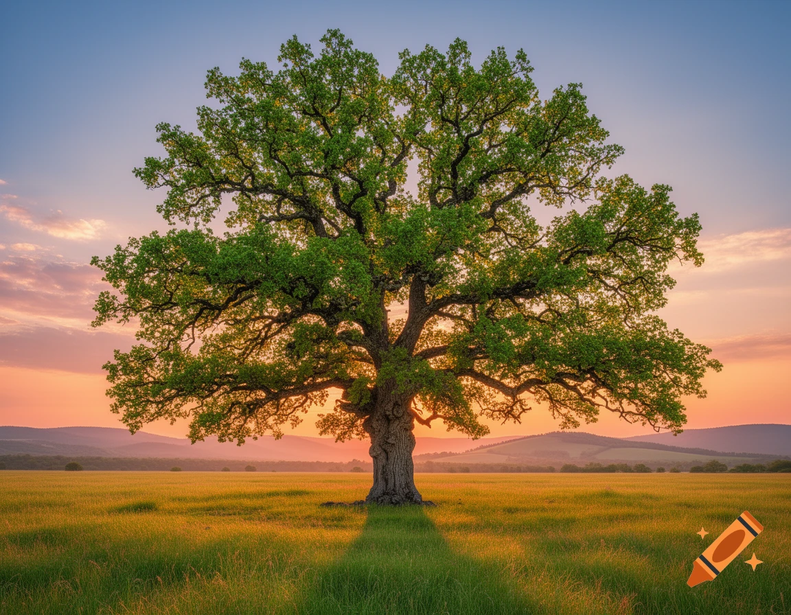 A majestic oak tree with vibrant green leaves stands in a golden grassy ...