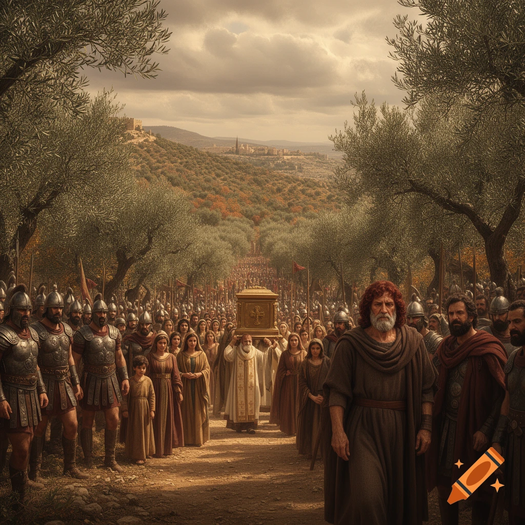 A large ancient procession, including King David, soldiers, and a priest carrying the Ark of the Covenant, moves through an olive grove on a hill with a city in the distance, depicted in a photorealistic style.