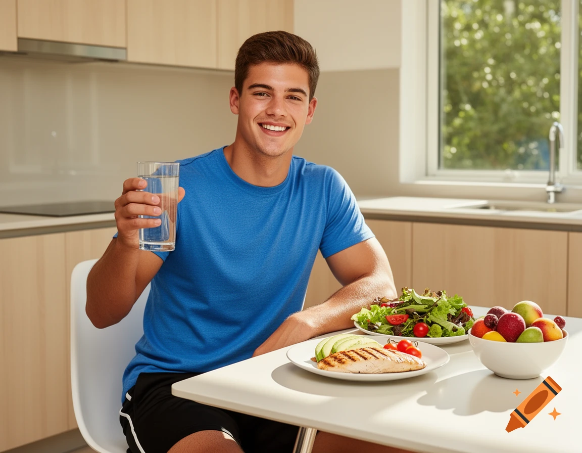 A smiling young man in a blue t-shirt holds a glass of water at a kitchen table with grilled chicken, salad, and fruit.
