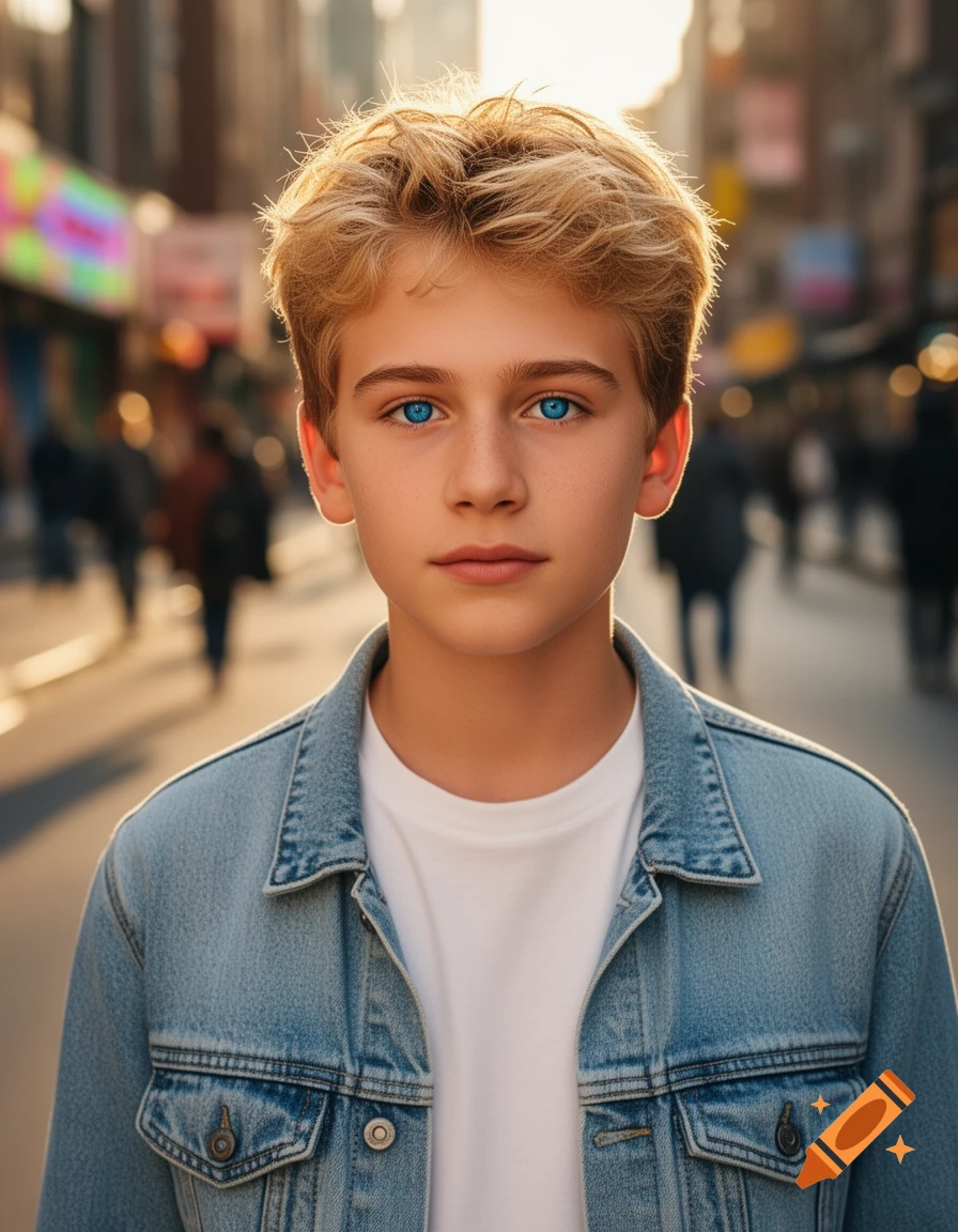 Close-up portrait of a young boy with blond hair and bright blue eyes, wearing a denim jacket, on a sunny city street.