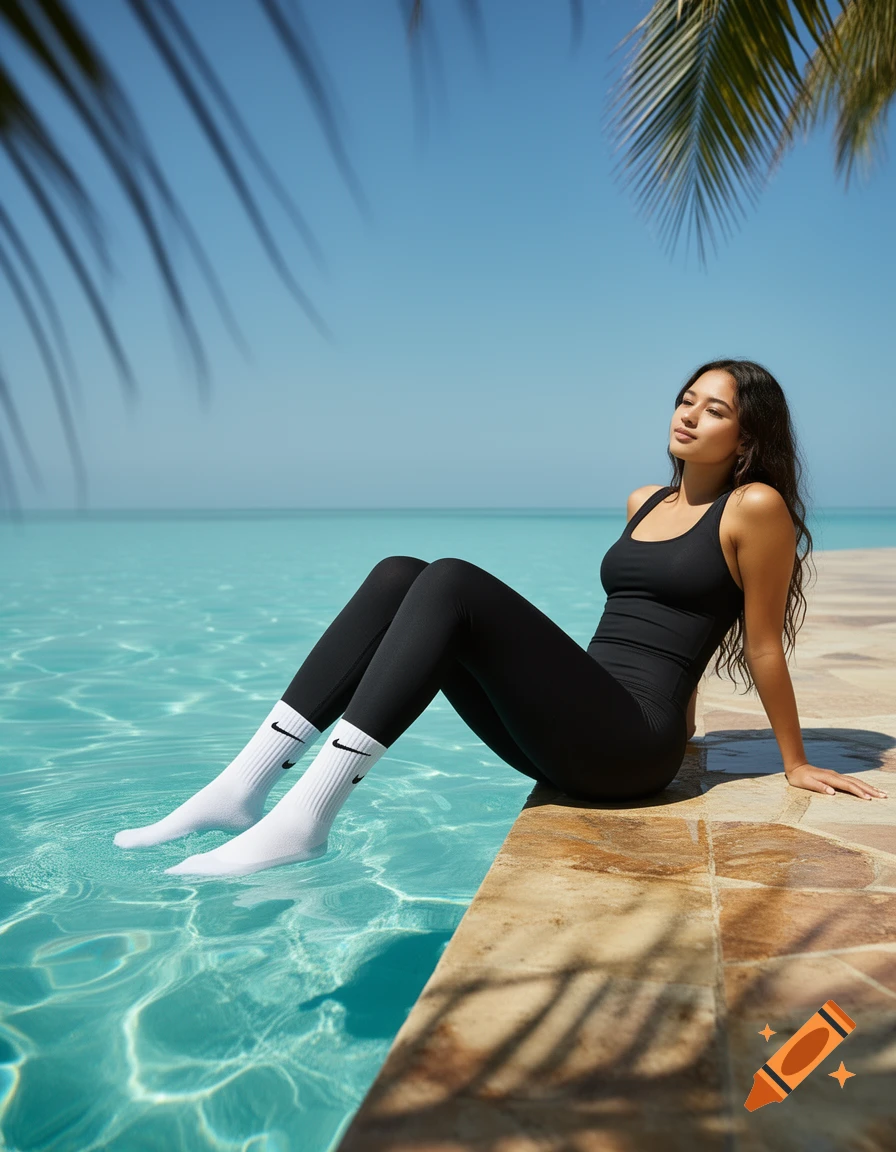 A woman in black activewear and white Nike socks sits on a pool edge, feet in water, gazing at the ocean under a clear sky.
