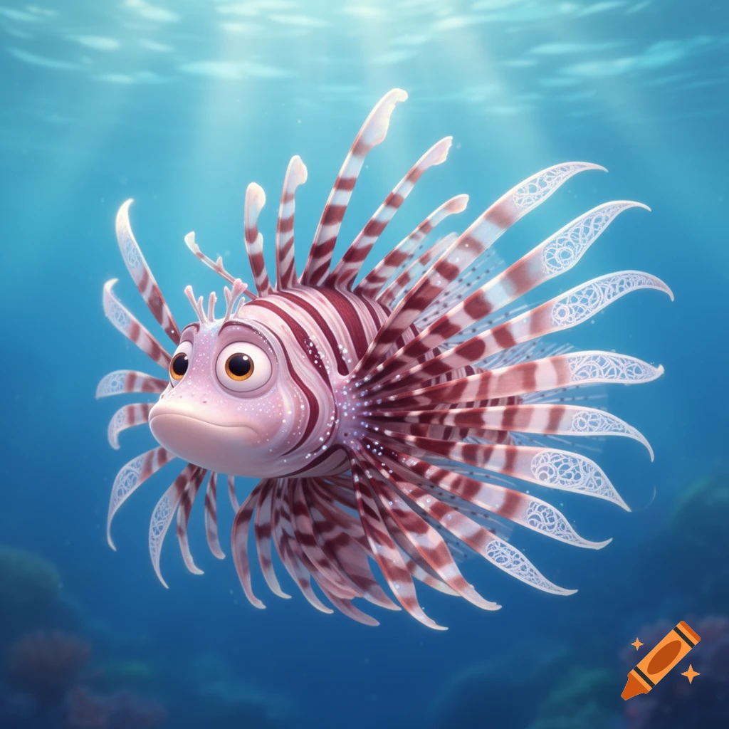 A vibrant Pixar-style lionfish with striped fins and large eyes swims in clear blue water with light rays.