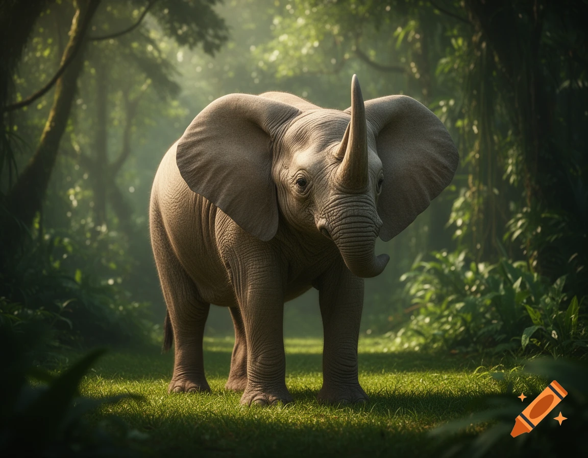 Photorealistic depiction of an elephant with a rhinoceros horn, standing in a lush, sunlit jungle.