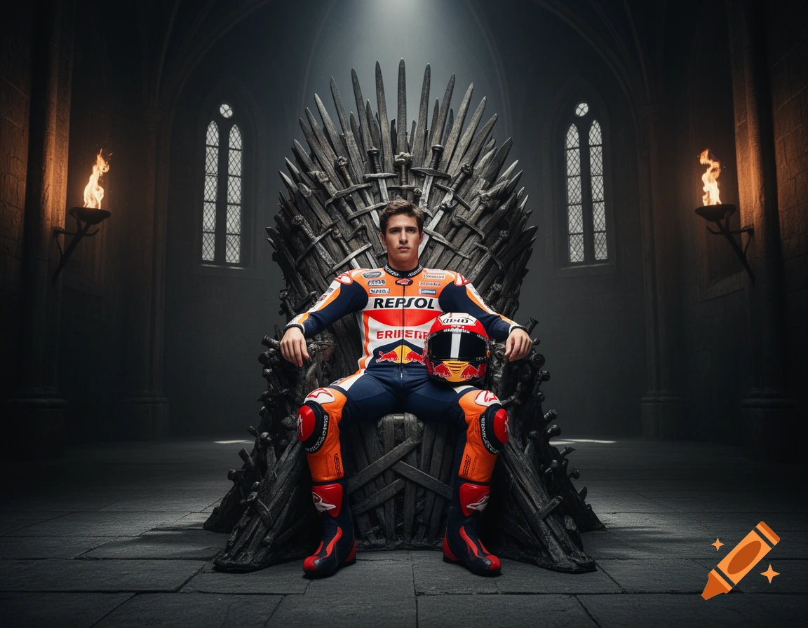 A man in a racing suit sits confidently on a Game of Thrones-style Iron Throne in a dimly lit, grand hall.