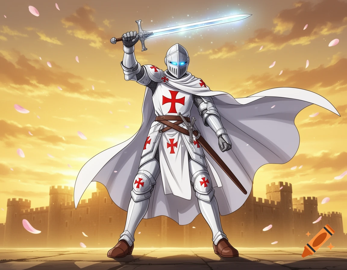 Anime Knight Templar in white armor with red crosses, holding a glowing sword before a castle at sunset with falling petals.