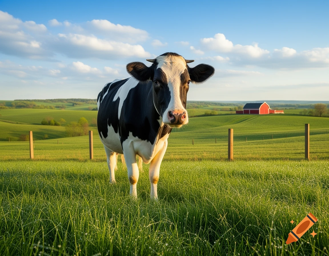 A black and white cow stands in a lush green field under a blue sky ...