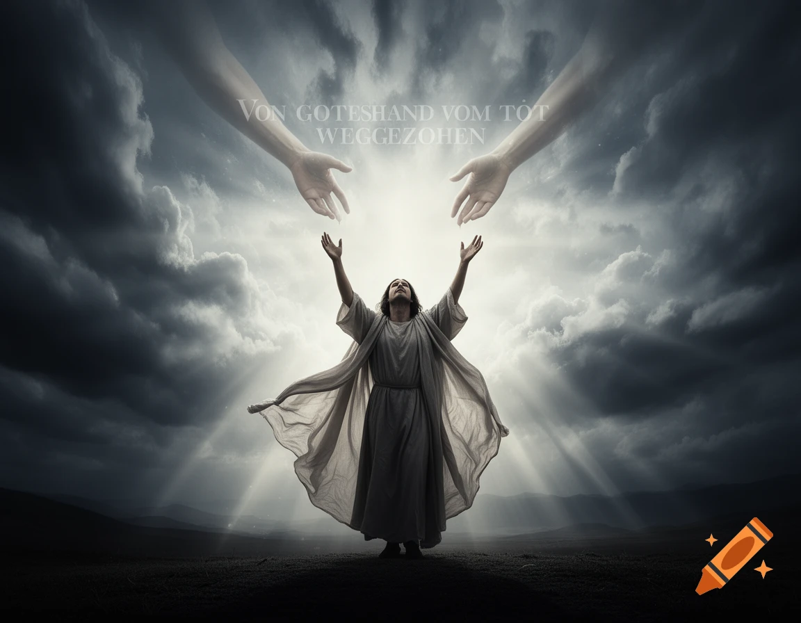 A figure with arms outstretched toward two large hands descending from dramatic, sunlit clouds, with German text overlaid.