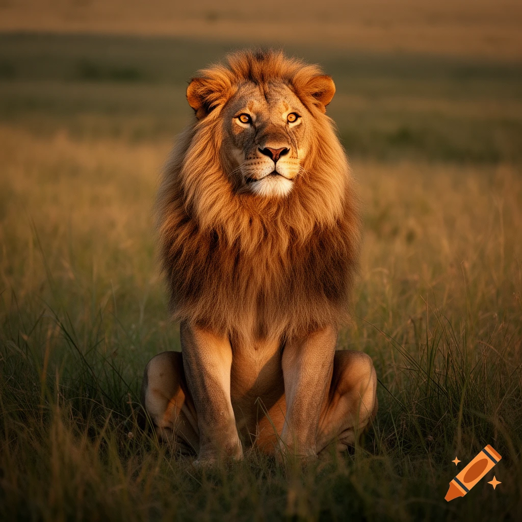 A majestic male lion with a full mane sits upright in a sunlit grassy field, looking forward.