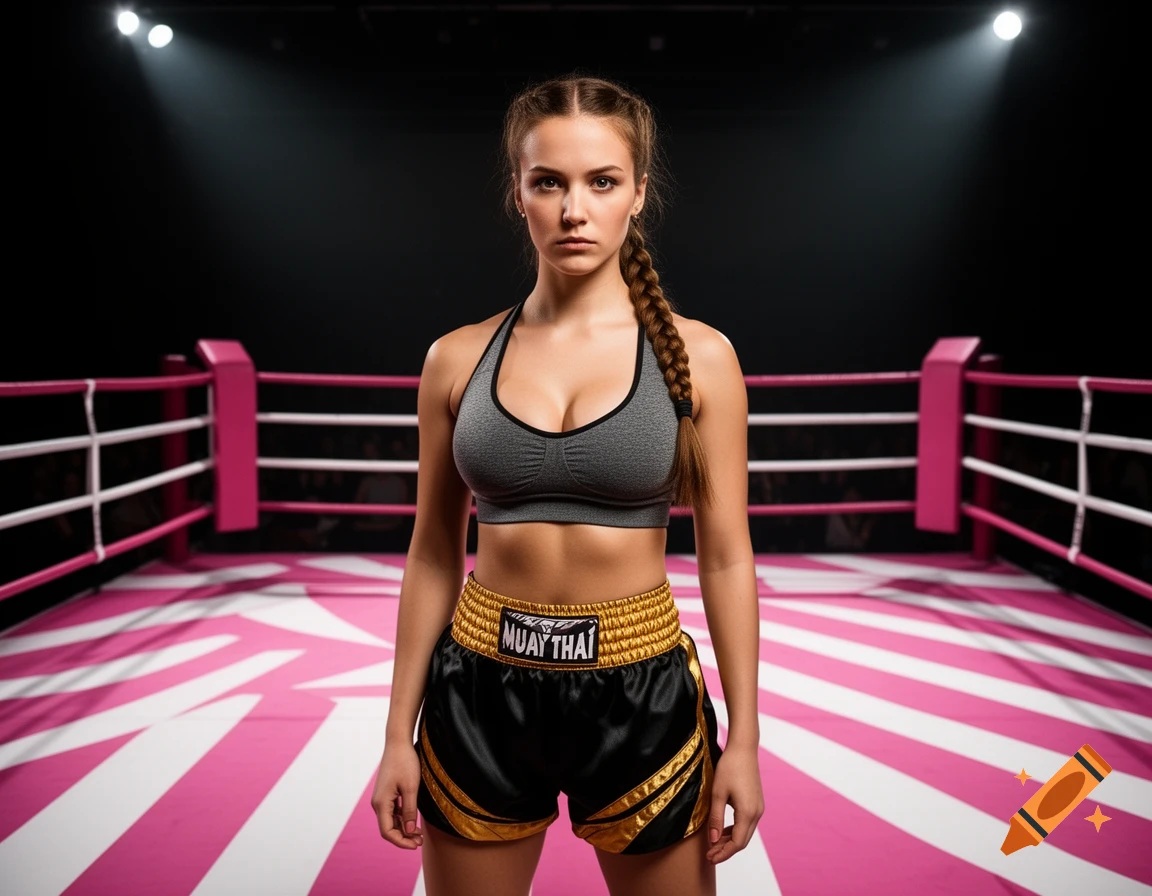 A young woman in a gray sports bra and black and gold Muay Thai shorts stands in a pink and white boxing ring under spotlights, looking at the camera.