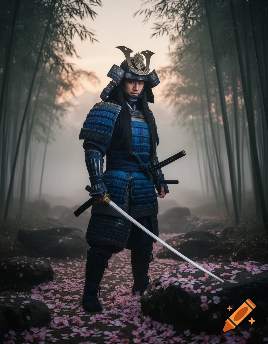 A photorealistic samurai warrior in blue armor stands with a katana in a misty bamboo forest with fallen pink petals.