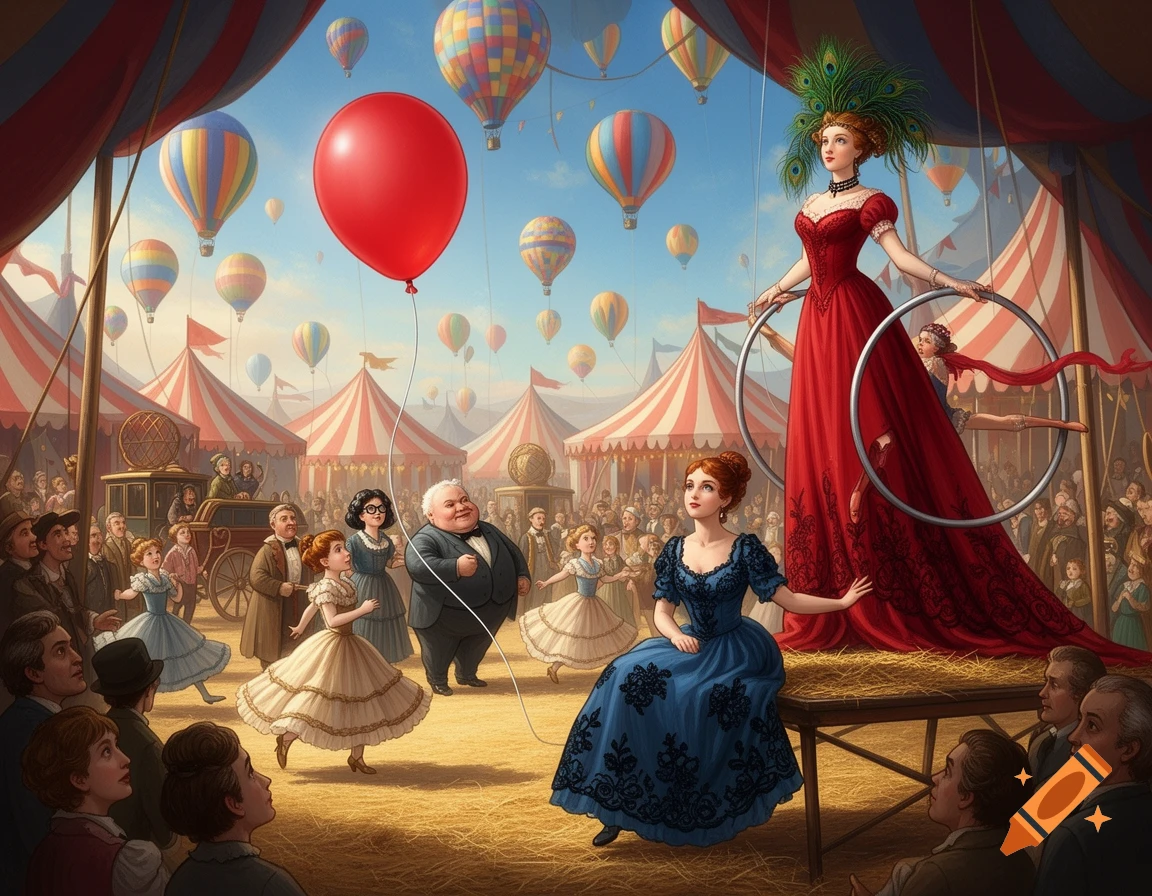 A vibrant vintage-style carnival scene with a red balloon, hot air balloons, tents, and a woman in a red dress performing with hoops while another woman in blue sits watching.