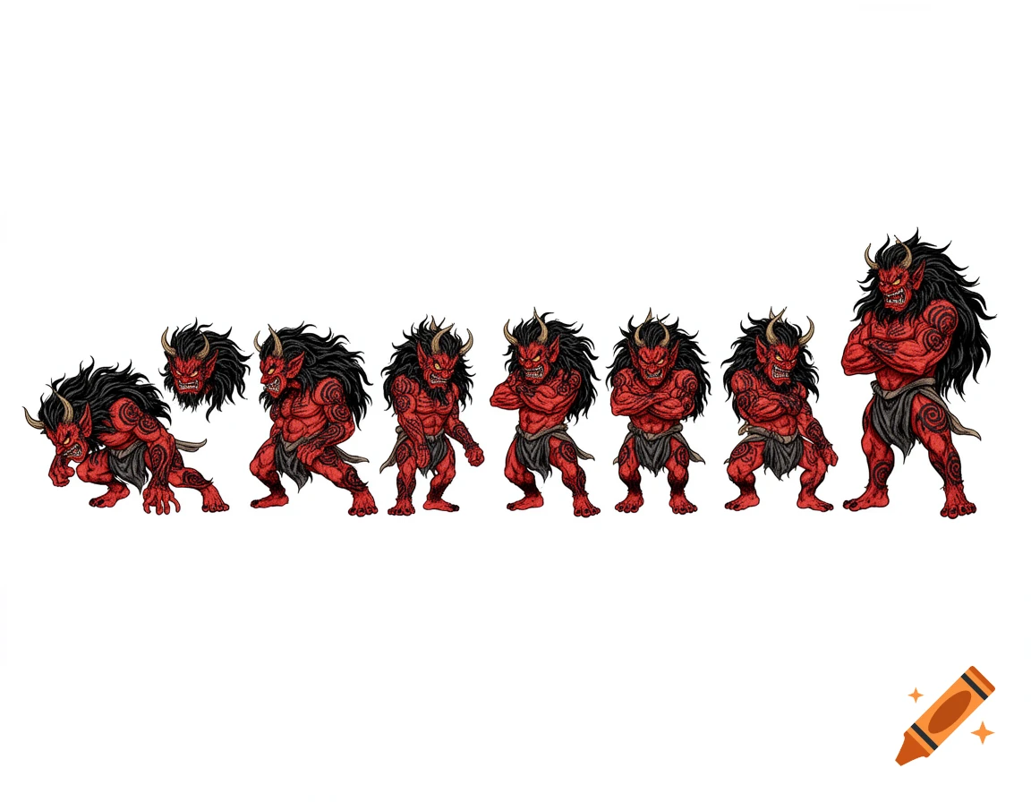 Multiple red-skinned, horned Japanese oni with long black hair and loincloths, in various action poses, manga style.
