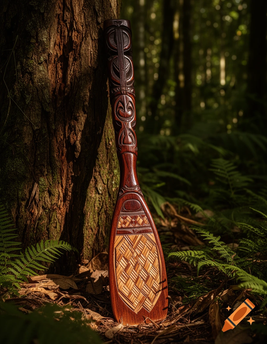 A meticulously carved dark wooden tribal paddle leaning against a tree trunk in a lush, sunlit forest.