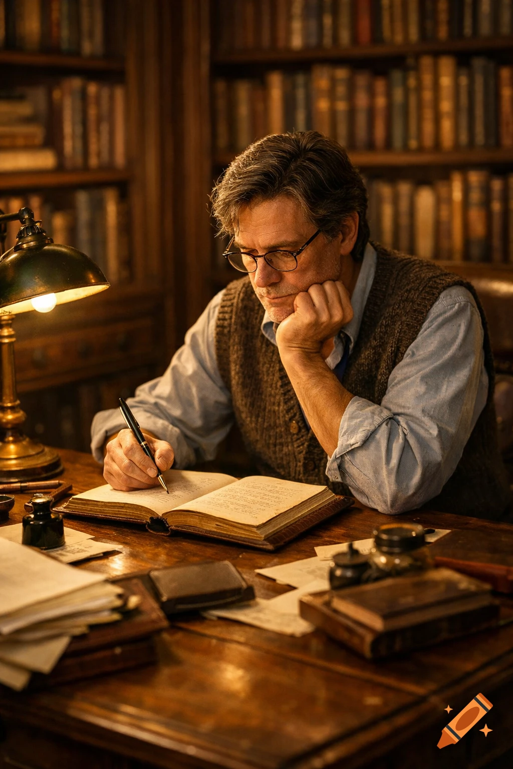 A man with glasses and a vest writes in an open book with a pen at a wooden desk, illuminated by a lamp in a cozy library.