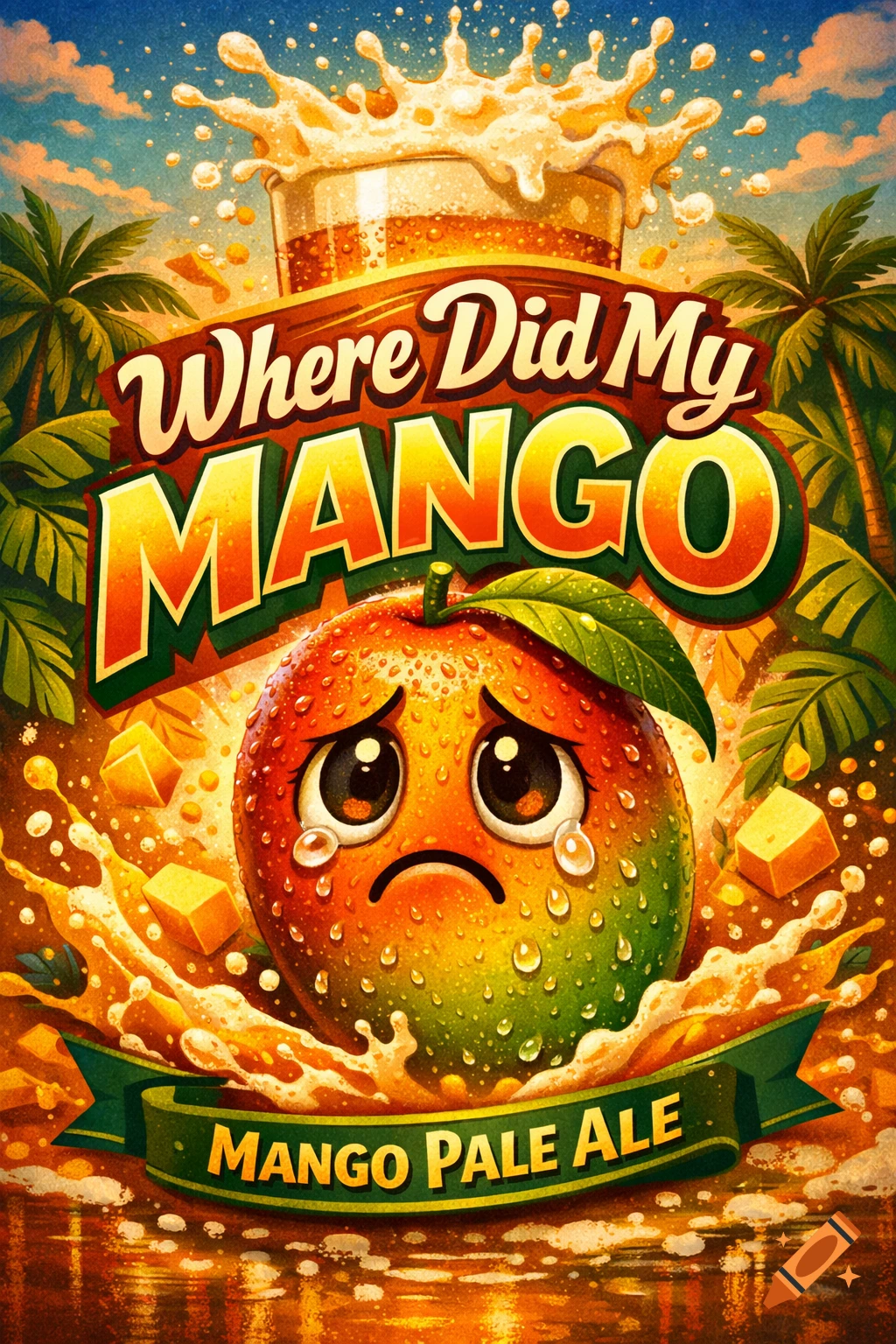 Illustrated beer label for "Where Did My Mango Mango Pale Ale" with a sad mango, splashing liquid, and palm trees.