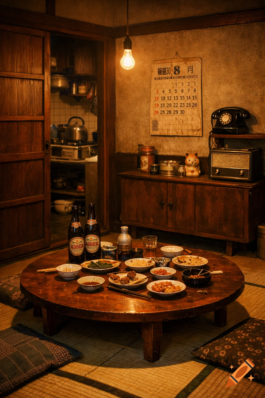 A nostalgic 1950s Japanese home interior with a round chabudai dining table laden with small plates of food and beer bottles on a tatami mat floor. A vintage calendar and rotary phone are on a wooden cabinet, illuminated by a single bare light bulb.