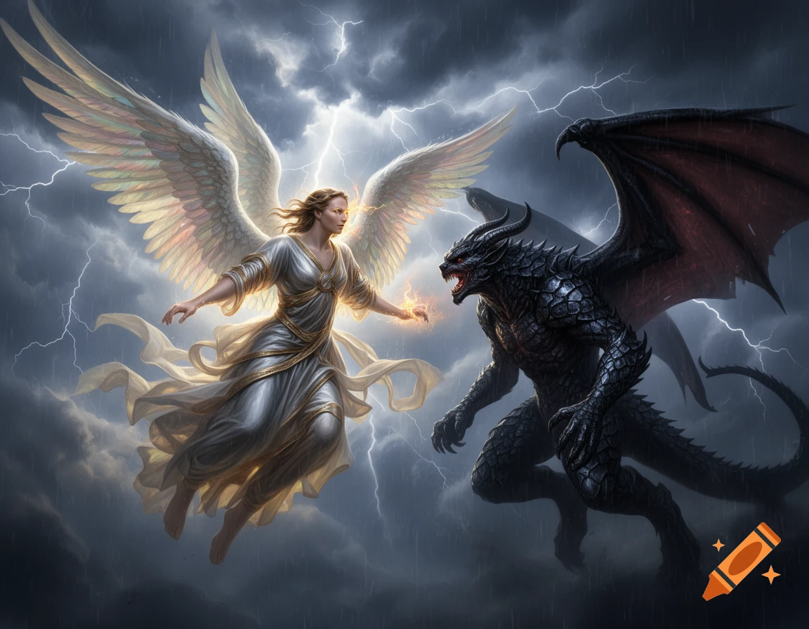 A radiant angel with large white wings confronts a dark, scaly demon with red eyes and leathery wings under a stormy, lightning-filled sky.