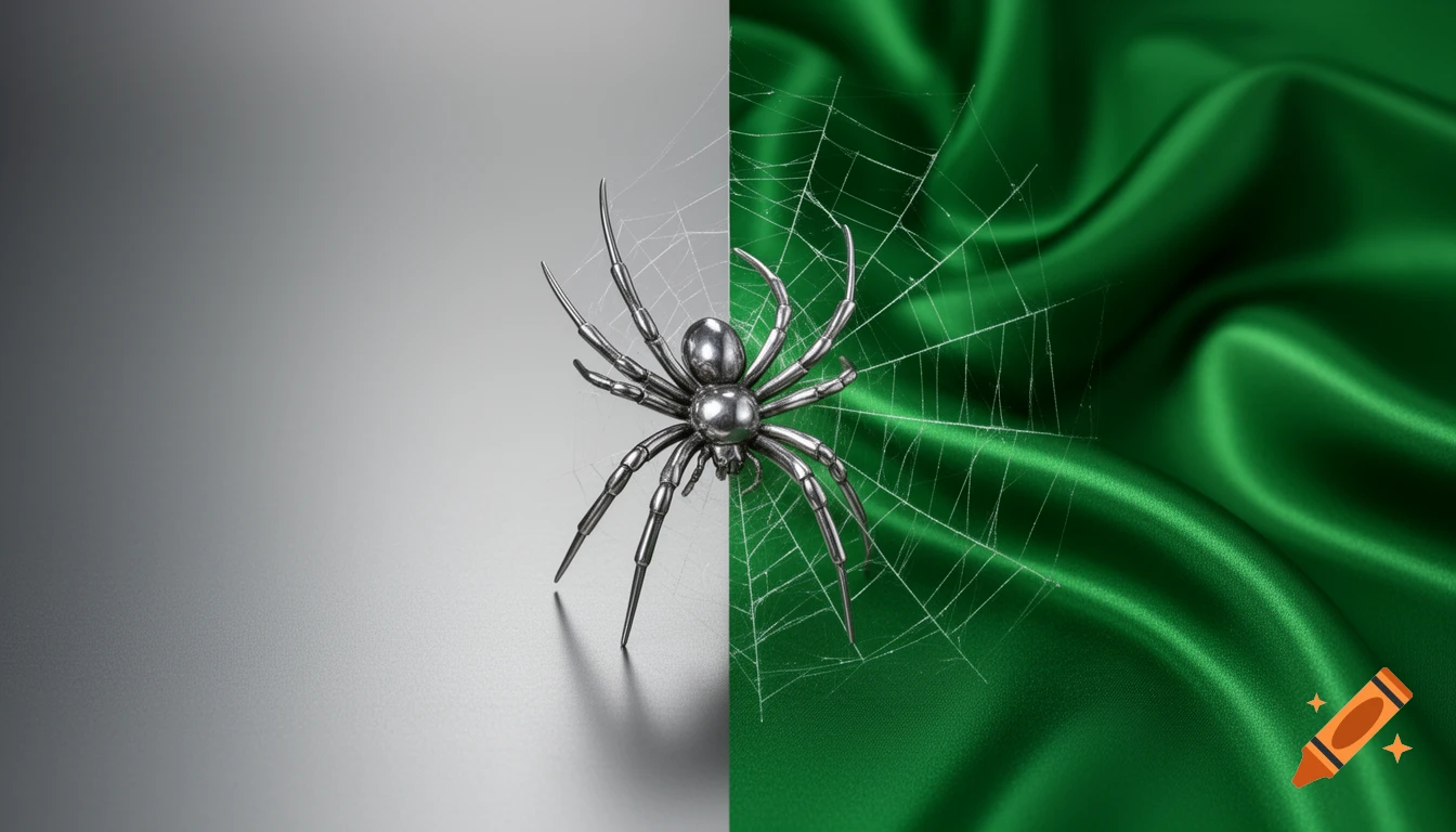 A metallic spider and web against a split background of gray steel and green silk.