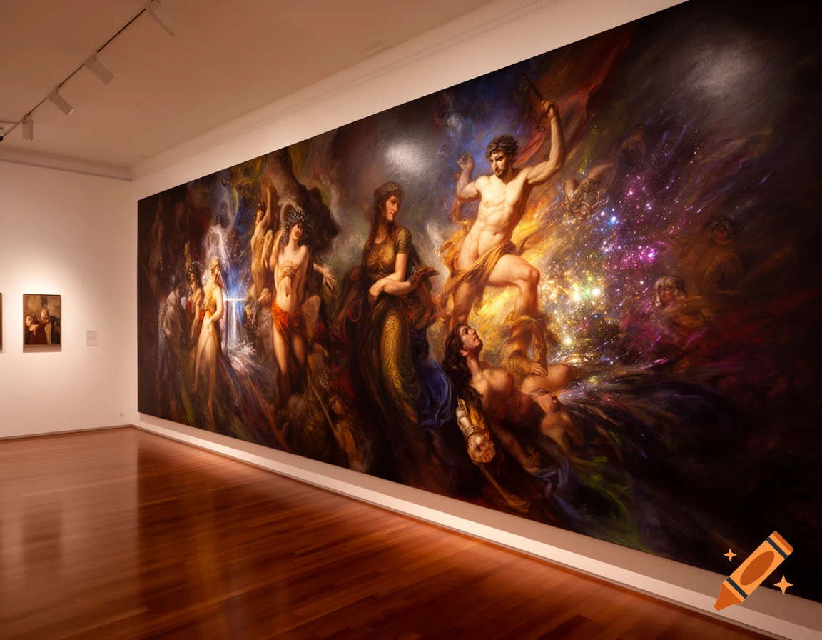 A large, vibrant fantasy painting depicting classical figures and cosmic elements, displayed on a wall in a minimalist art gallery with polished wooden floors.