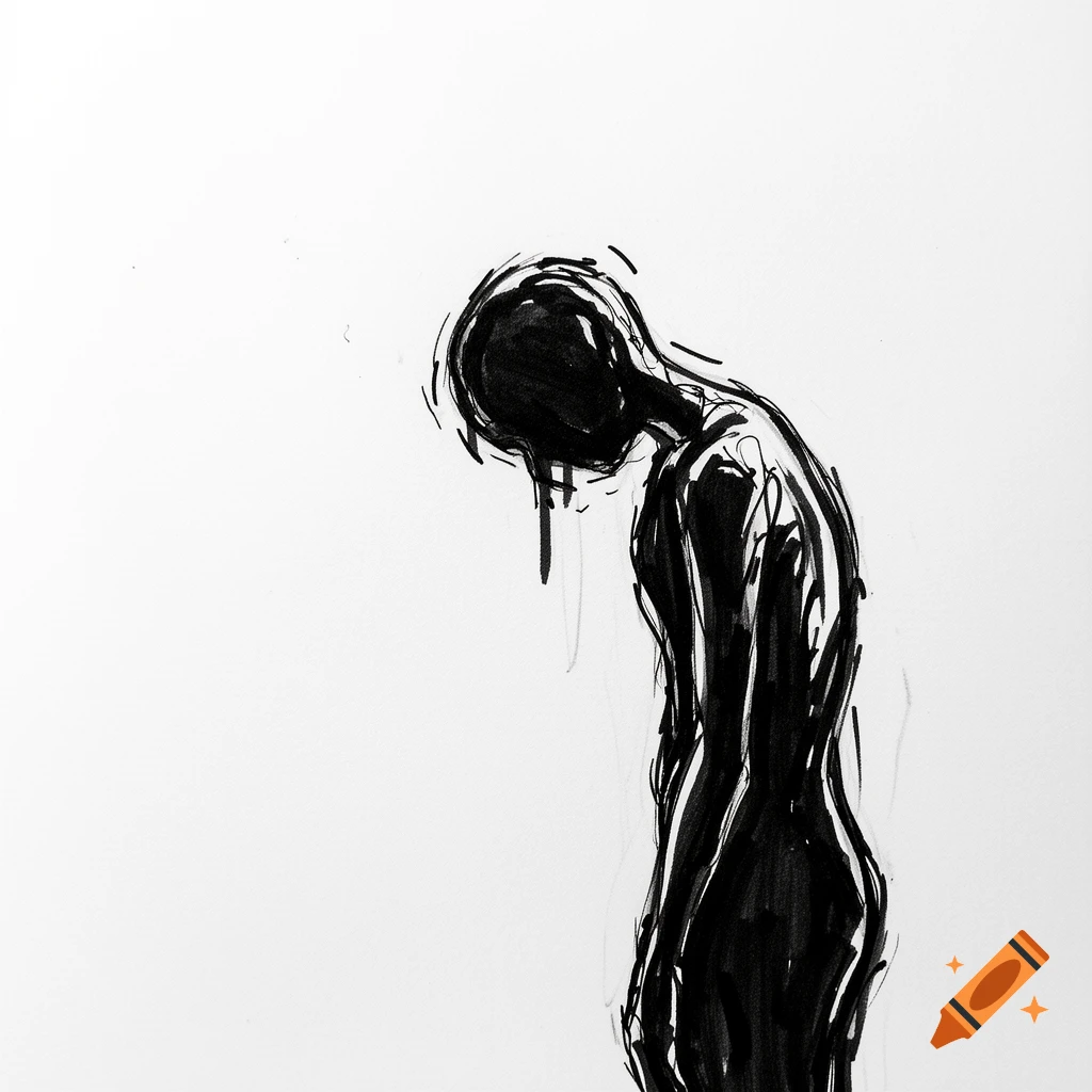 A black and white sharpie drawing of a sad, slouched humanoid figure dripping with ink on a white background.