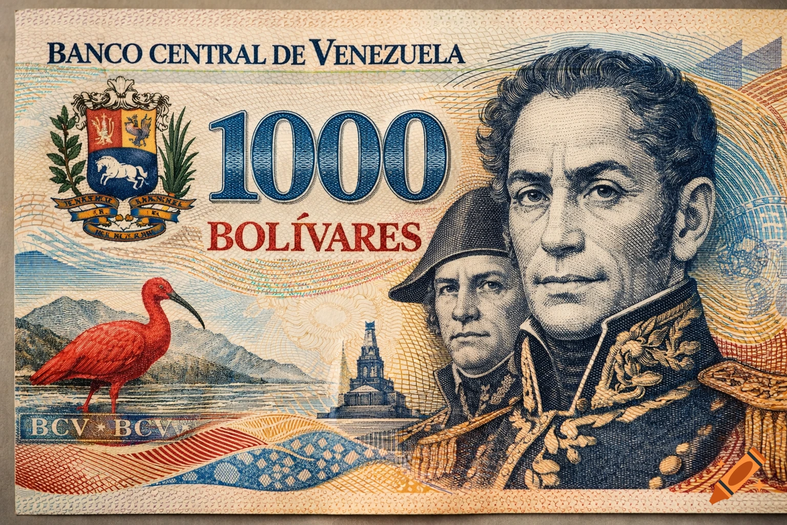 Close-up photo of a 1000 Venezuelan Bolívares banknote, featuring a portrait of Simón Bolívar and a scarlet ibis.