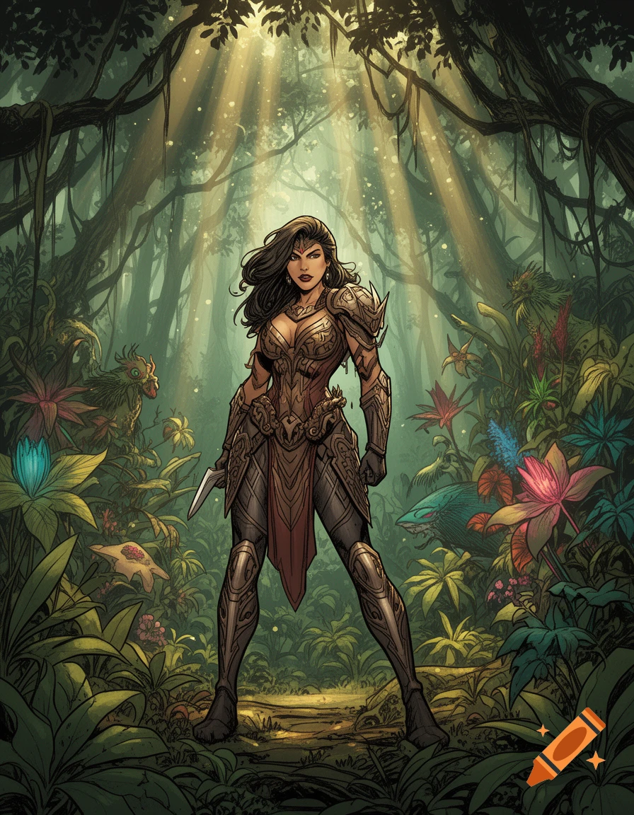 A comic art illustration of a warrior woman in ornate armor holding a ...