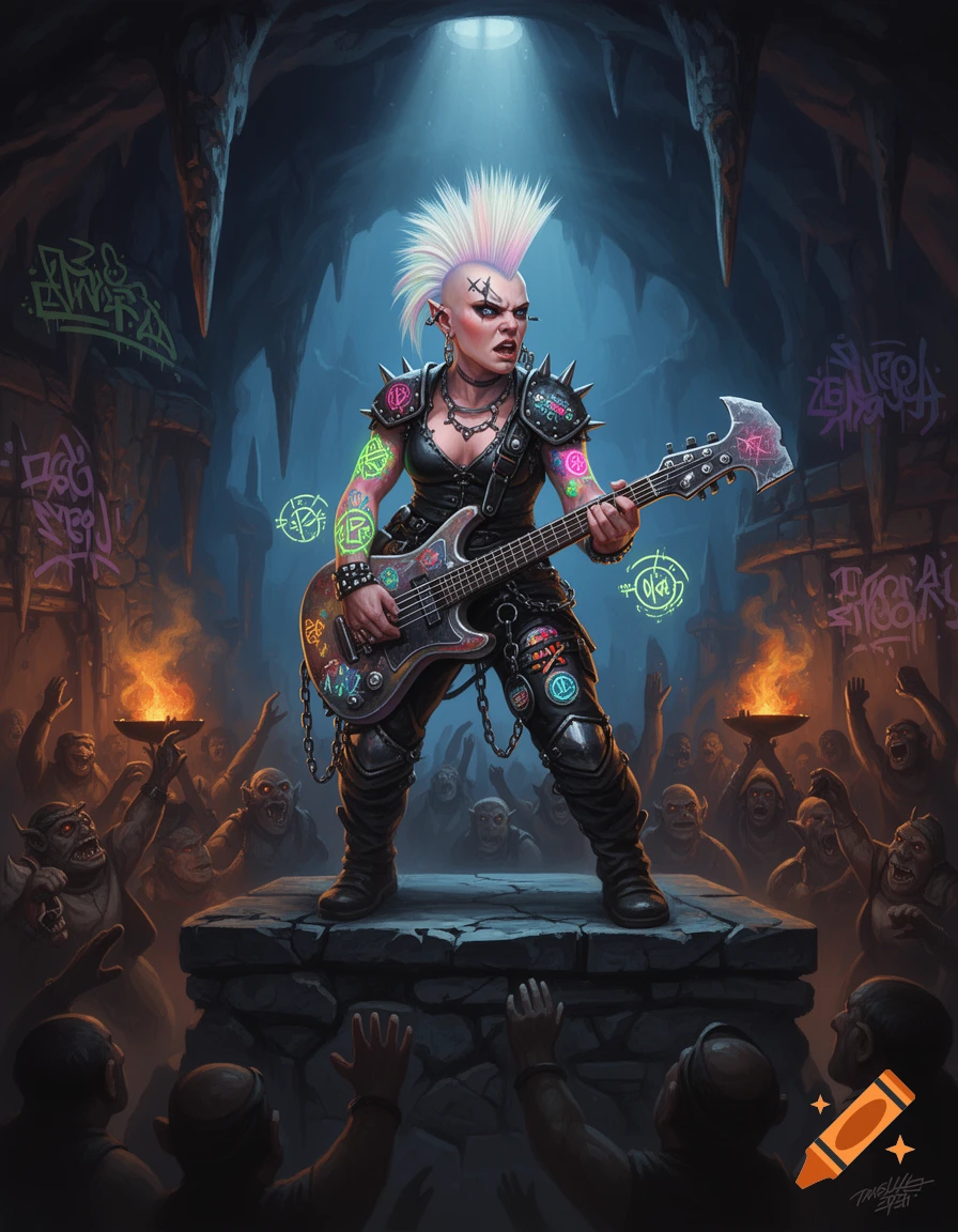 A punk duergar with a mohawk plays a bass guitar in a dark cave, performing for a cheering crowd of fantasy creatures.
