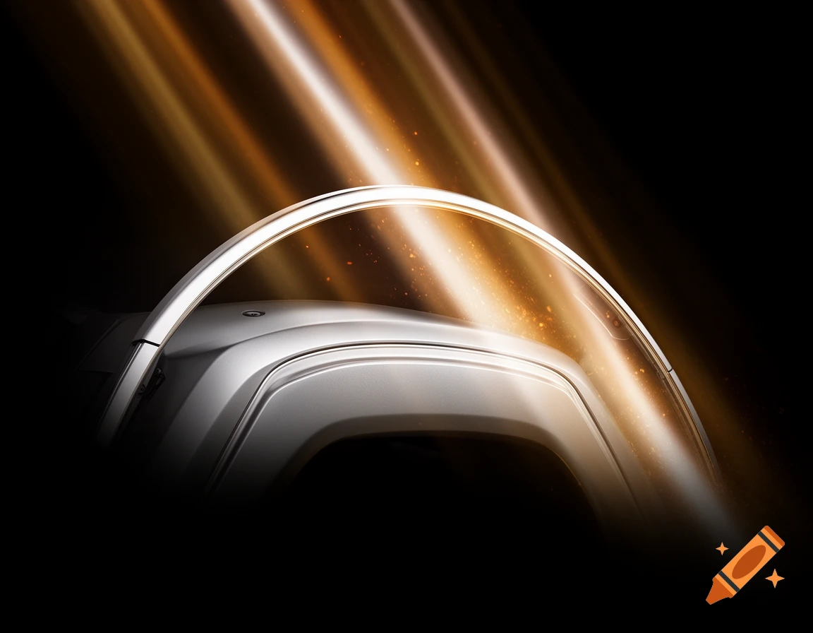 A silver metallic arc over a vehicle fender, illuminated by golden light rays and sparks on a dark background.