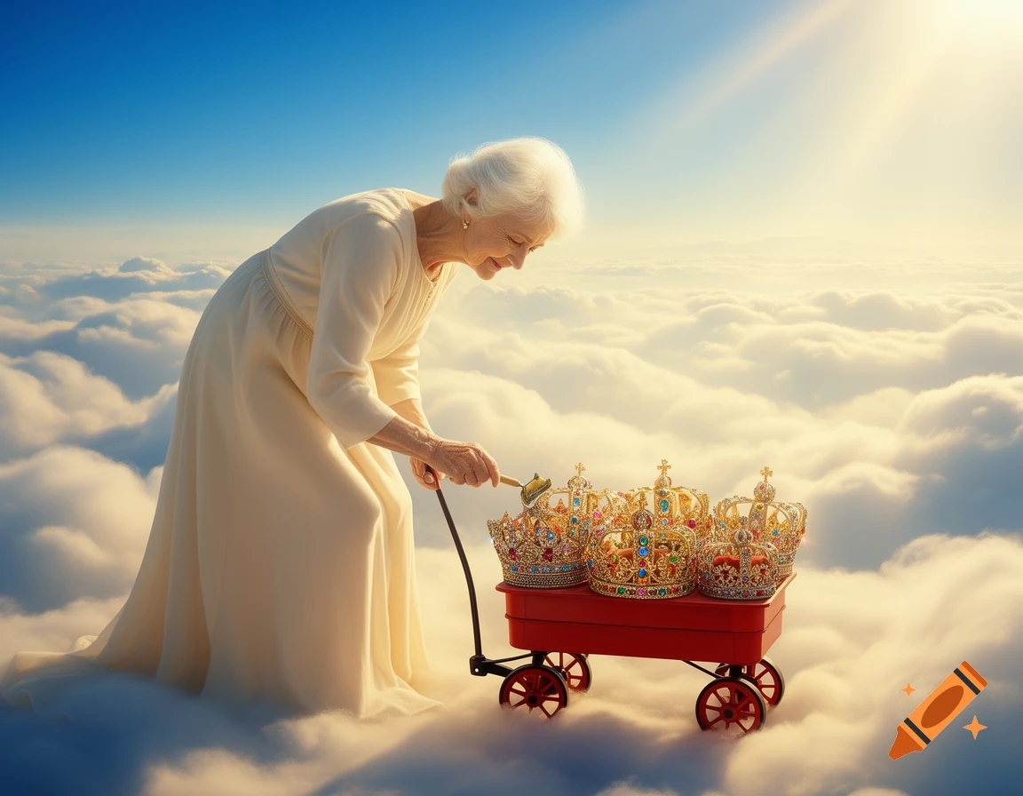 An elderly woman with white hair bends over a red wagon full of ornate crowns, floating among white clouds under a bright blue, sunny sky.