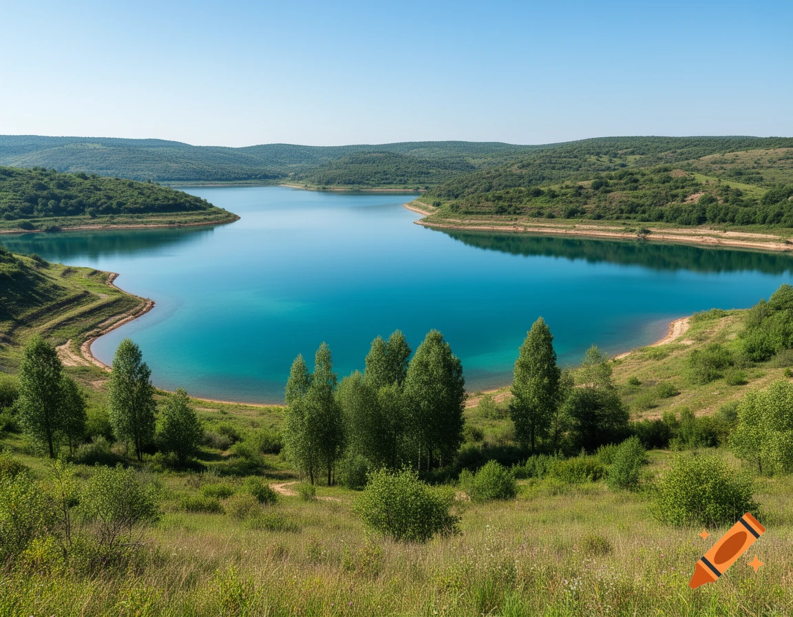 A vibrant blue lake nestled among lush green hills under a clear sky, showing a serene natural landscape.