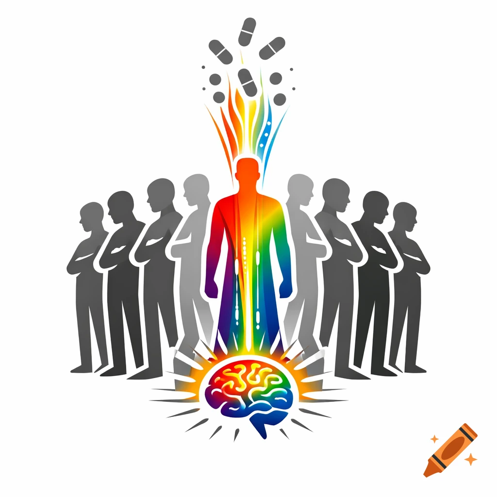 A vibrant rainbow figure stands over a glowing brain, surrounded by grey silhouettes, symbolizing transformation and mental freedom.